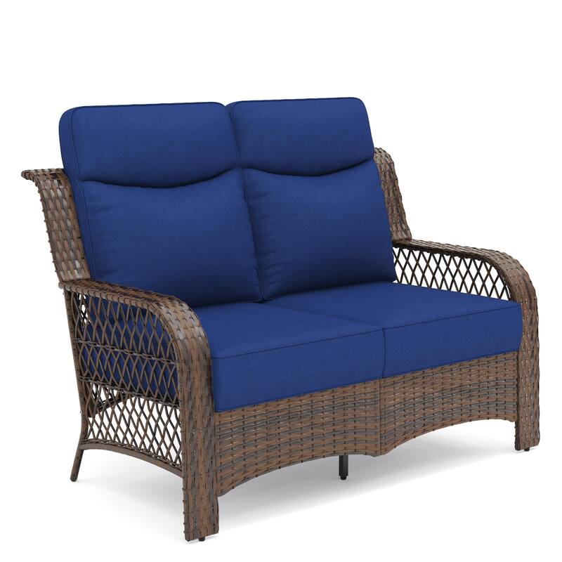 25 in. High Back Outdoor Loveseat with 5 in. Thick Cushions, 2-Seat Rattan Sofa for Porch, Wicker Loveseat Chair