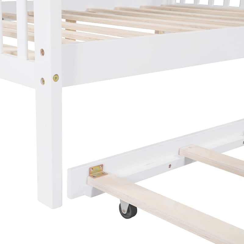 Full Pine Kids House Platform Bed with Trundle, Shelf, and Roof