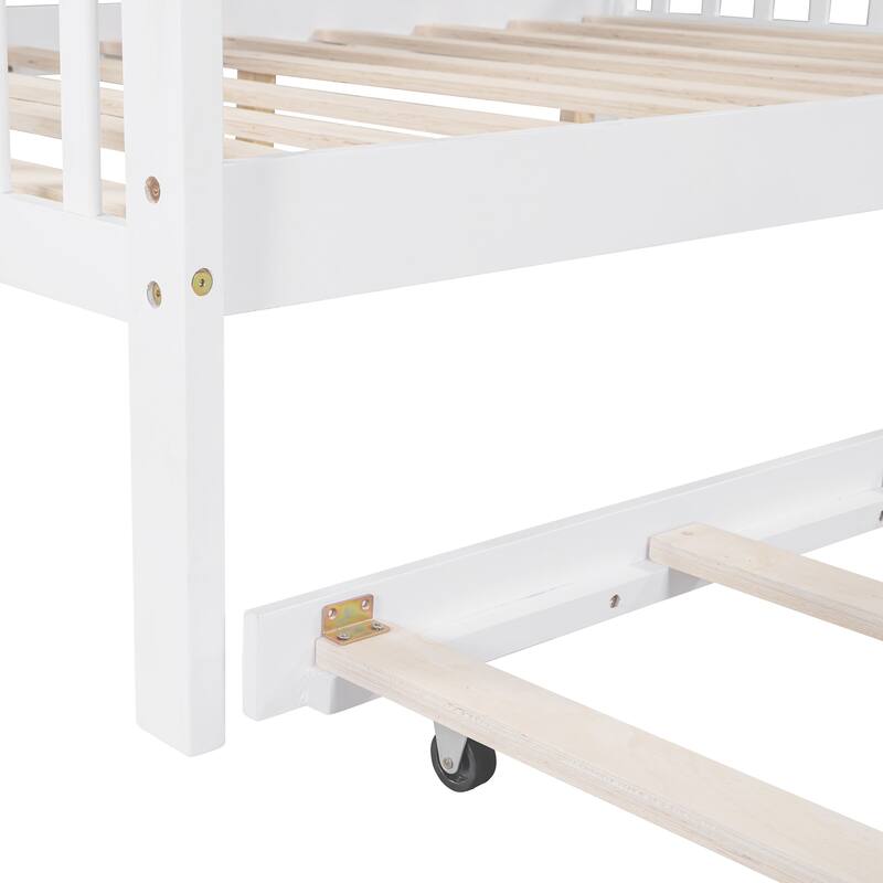 Full Size Wooden House Bed with Trundle and Shelf for Kids, White