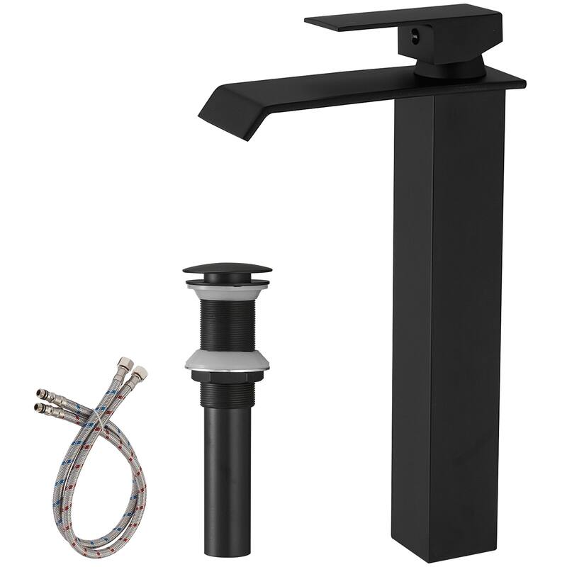 Single Handle Waterfall Vessel Bathroom Faucet with Pop Up Drain - Matte Black