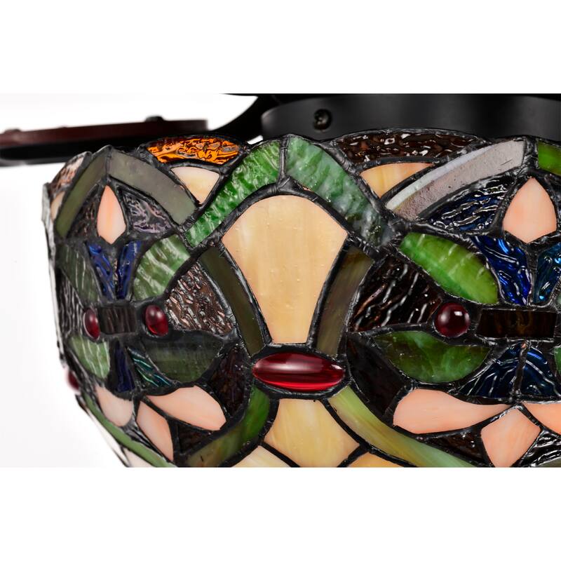 Parponk 52-Inch Flushmount Two-Tiered Lighted Ceiling Fan Green Hatch Tiffany Glass Lamp Black Finish