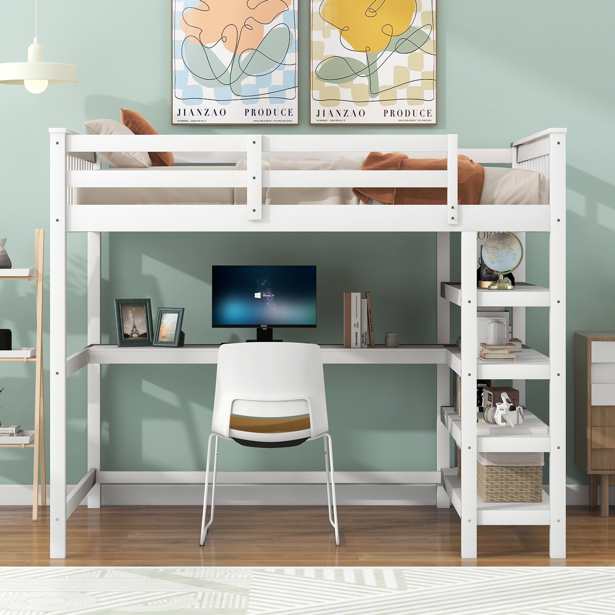 Twin/Full Size Loft Bed with Shelves and Integrated Desk