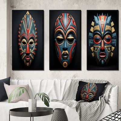 Designart "African Tribal Pende Mask III" African Tribal Framed Wall Art Set Of 3 Frame Gallery Wall Set For Home Decor