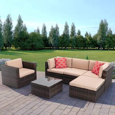 6 Pieces Outdoor Rattan Garden Patio Sectional Cushioned Sofa Sets with 2 Pillows and Coffee Table
