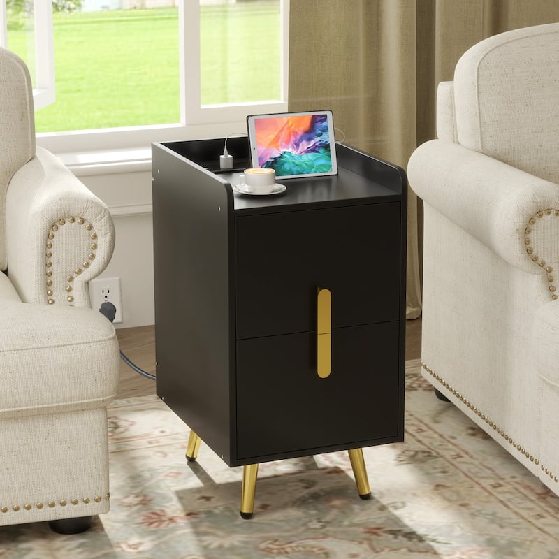 Gymax 2PCS Nightstand w/ Charging Station Home Bedside Sofa Side