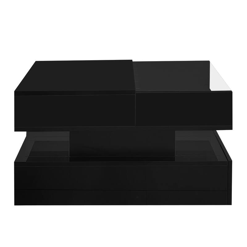 Lift-Top Coffee Table with 2 Drawers, Modern Square Center Table w/ Glass Top and High-Gloss Finish & LED Lights for Living Room