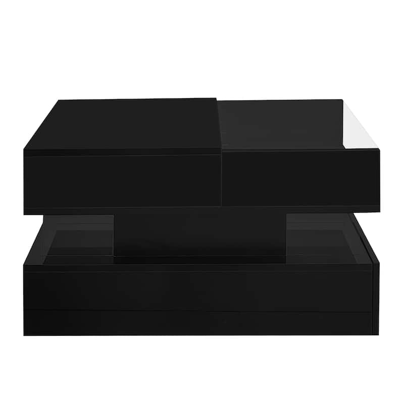 Modern Square Lift-Top Coffee Table with Glass Top and High-Gloss Finish, Hidden Space and LED Lights