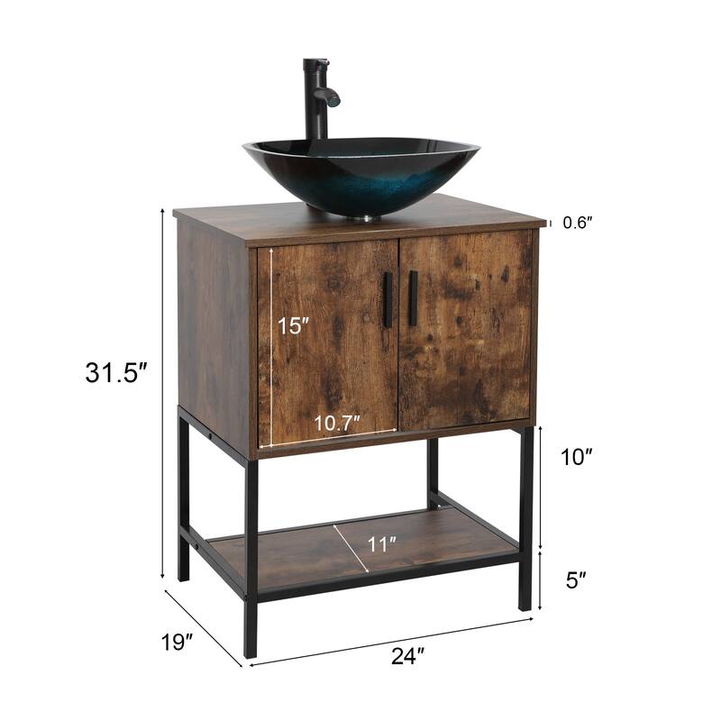 24" Bathroom Vanity Sink Set Brown Free-standing Manufactured Wood with Sink Faucet Drain Combo
