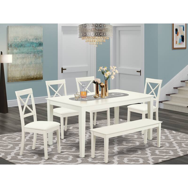 East West Furniture 6 Piece Dining Table Set- a Wooden Table and 4 Faux Leather Dining Room Chairs with a Bench, Linen White
