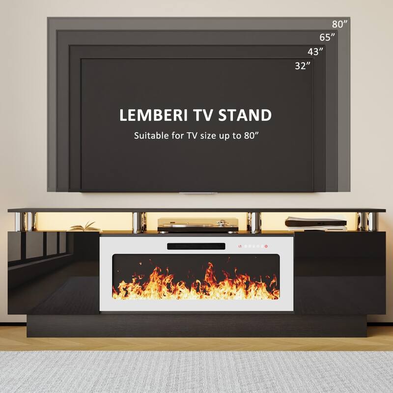 BOSSIN 70" Modern Electric Fireplace TV Stand, with Electronic Flame and LED Lights, High Gloss Finish Entertainment Center