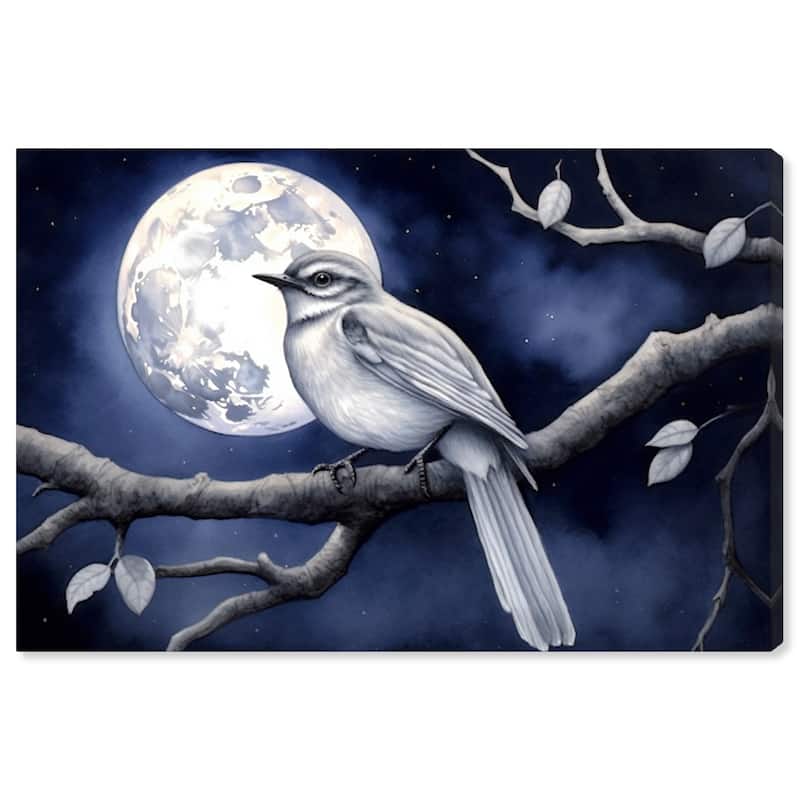 Wynwood Studio Canvas Animals Moonlit little bird Blue and Navy Blue Traditional Wall Art Canvas Print