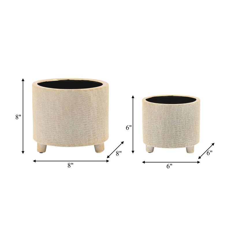 Sagebrook Home Diameter, Ceramic Footed Scratched Planters, Set of Two, Champagne Finish, Stylish and Versatile - 6" x 6" x 6"