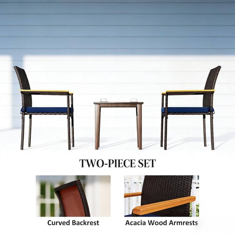 GDFStudio Outdoor Acacia Wood Armrest Rattan Outdoor Dining Chairs Set of 2