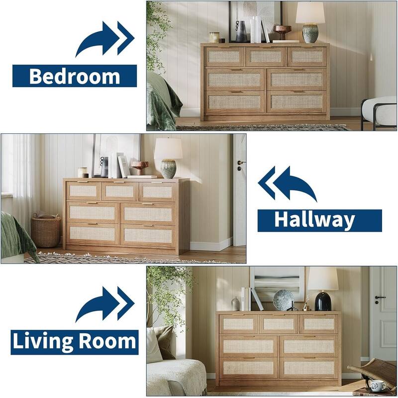 52" Rattan 7-Drawer Boho Dresser TV Stand for Bedroom, Living Room