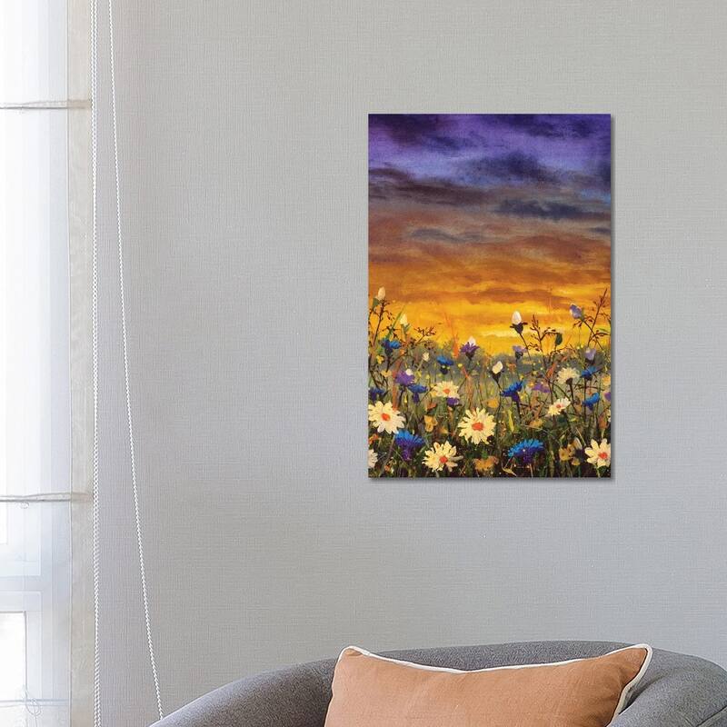 iCanvas "Flowers Field White Daisies Flowers Blue Cornflowers Oil Painting" by Valery Rybakow Canvas Print - 26x18x1.5