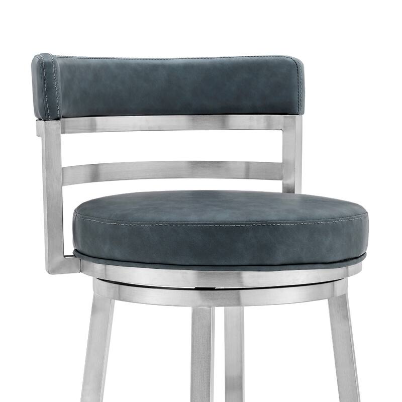 Blue Faux Leather Swivel Bar Chair with Silver Iron Frame, Bar Height and Footrest - 21” x 20” x 40” (D x W x H)