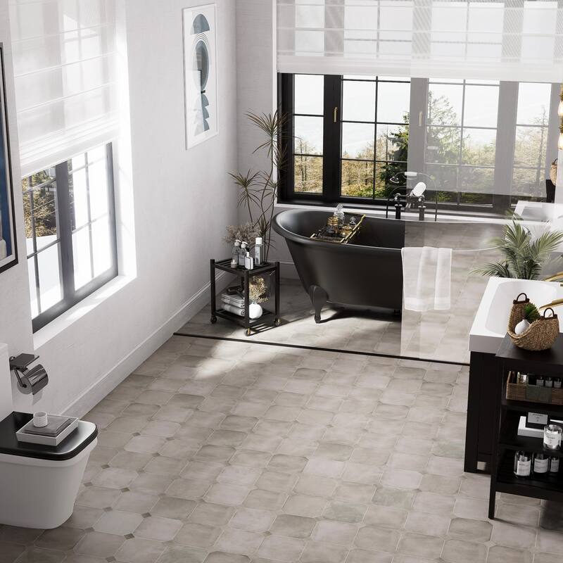Merola Tile Laverton Octagon Grafito with Taco Grafito 7-7/8" x 7-7/8" Porcelain Floor and Wall Tile - Case (50 Tiles)