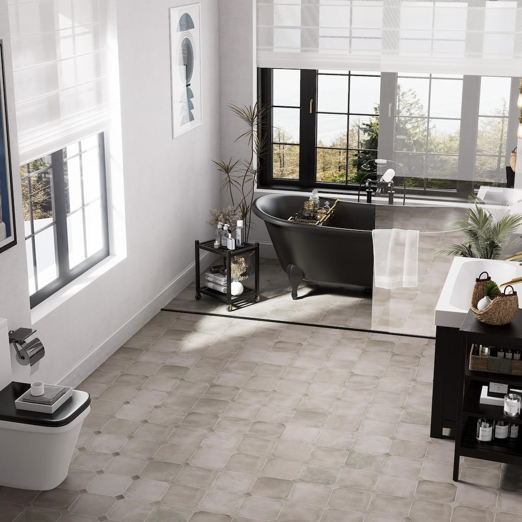 Merola Tile Laverton Octagon Grafito with Taco Grafito 7-7/8" x 7-7/8" Porcelain Floor and Wall Tile