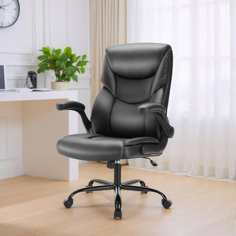 Ergonomic Computer Gaming Office Chair, Faux Leather Heavy Duty Task Desk Swivel Rolling Chairs, Flip-up Arms, Adjustable Height - Black