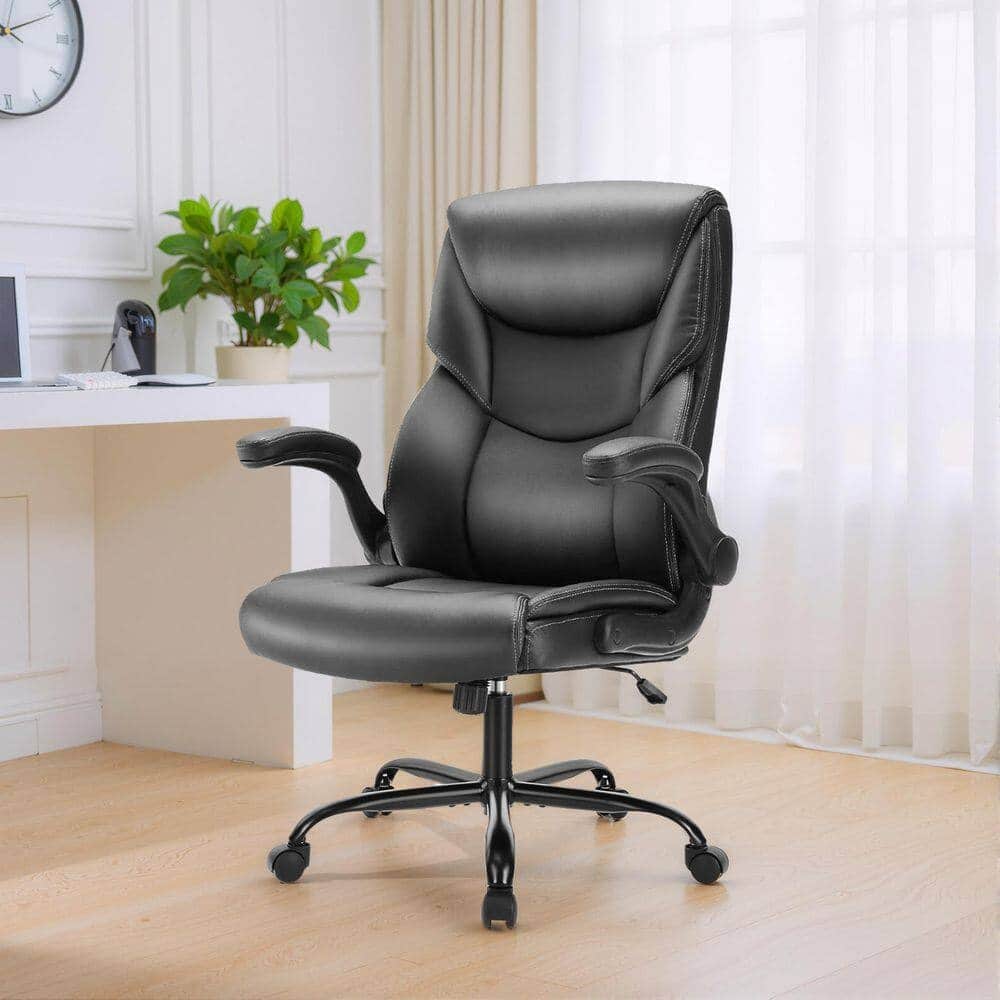 Ergonomic Computer Gaming Office Chair, Faux Leather Heavy Duty Task Desk Swivel Rolling Chairs, Flip-up Arms, Adjustable Height