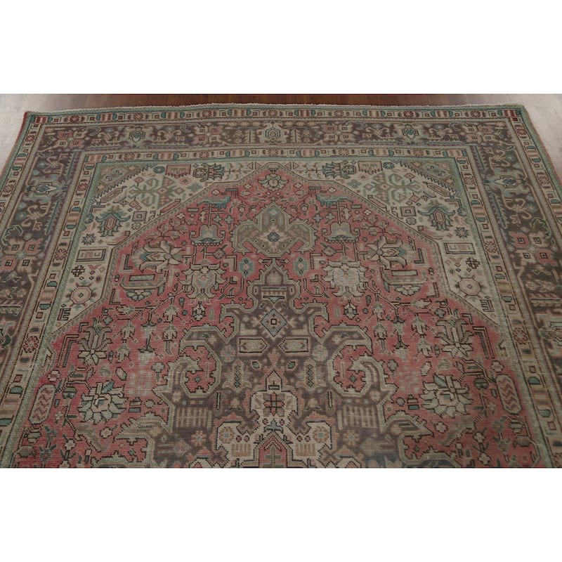 Distressed Tabriz Persian Vintage Area Rug Hand-Knotted Wool Carpet - 6'5" x 9'7"
