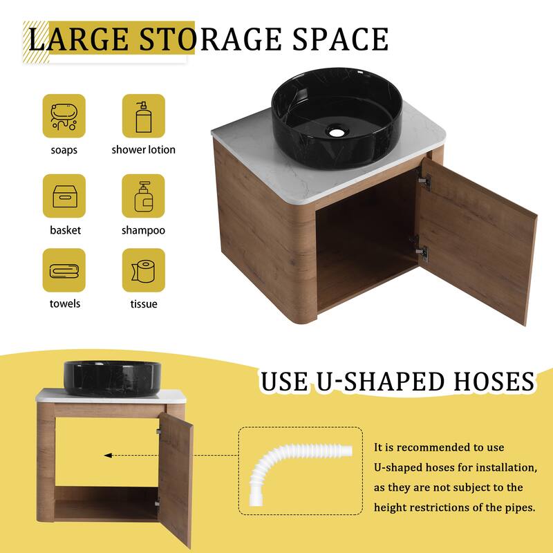 24'' Wall-Mounted Bathroom Vanity With Ceramic Art Sink & 1-Soft-Close Door,KD-Packing, Plywood