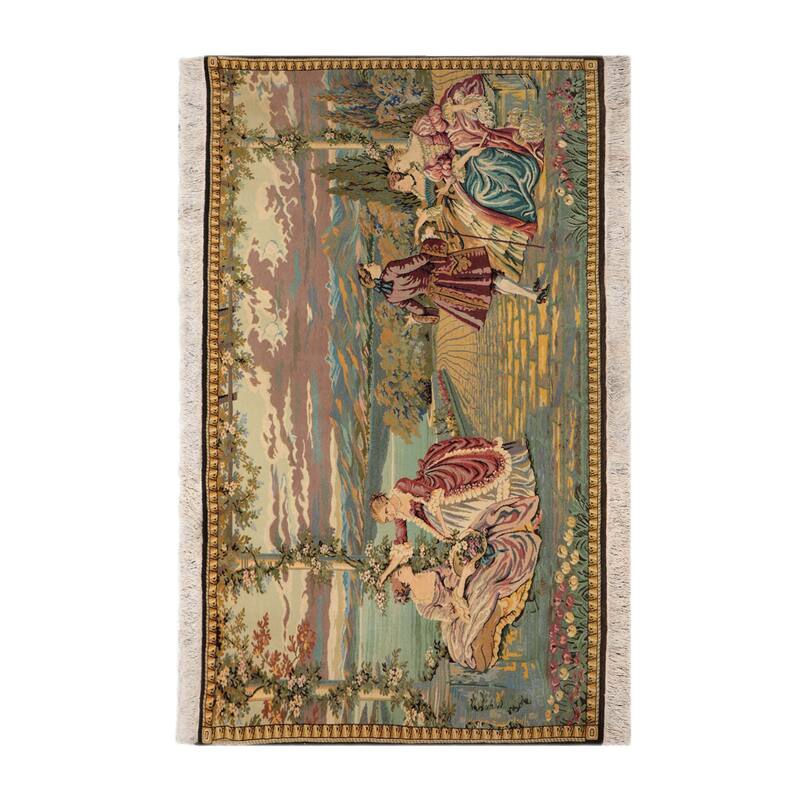 Hand Knotted Beige,Black 100% Wool Pictorial Oriental Area Rug - 3' 2'' x 4' 10''