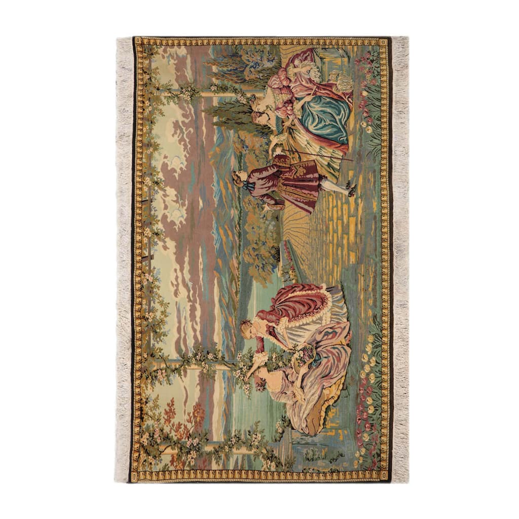 Hand Knotted Beige,Black 100% Wool Pictorial Oriental Area Rug - 3' 2'' x 4' 10''