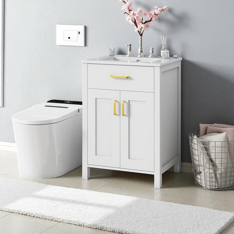24 Inch Bathroom Vanity with Ceramic Sink Solid Wood Frame 2 Soft Close Doors and Adjustable Storage