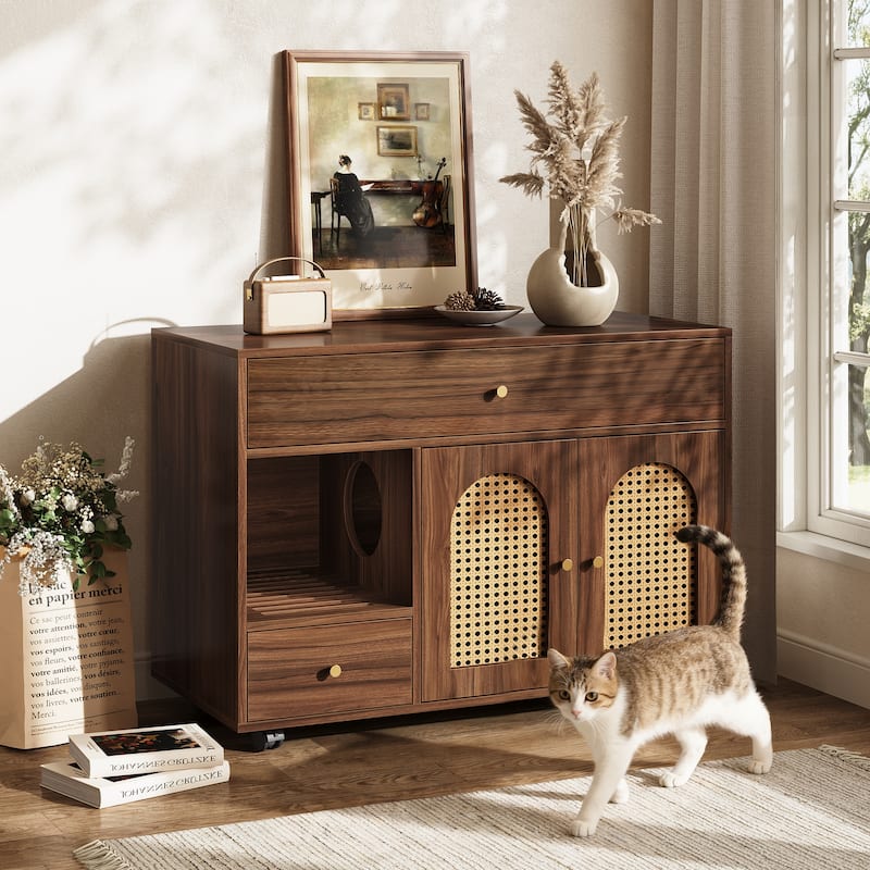 37.4'' Cat Litter Box Enclosure with Rolling Casters and Drawers - Walnut