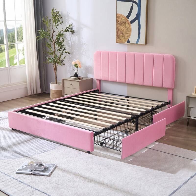 VECELO Bed Frame with 4 Storage Drawers Upholstered Platform Bedframe with Adjustable Headboard