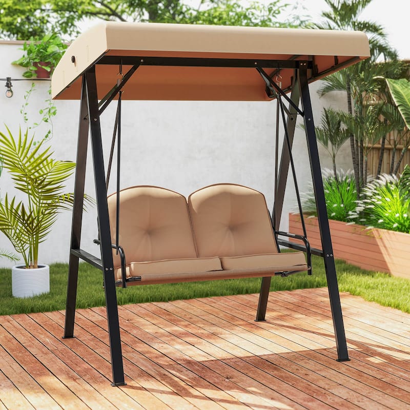 Costway 2-Person Outdoor Porch Swing Swing Loveseat with A-Shaped - See Details - Beige