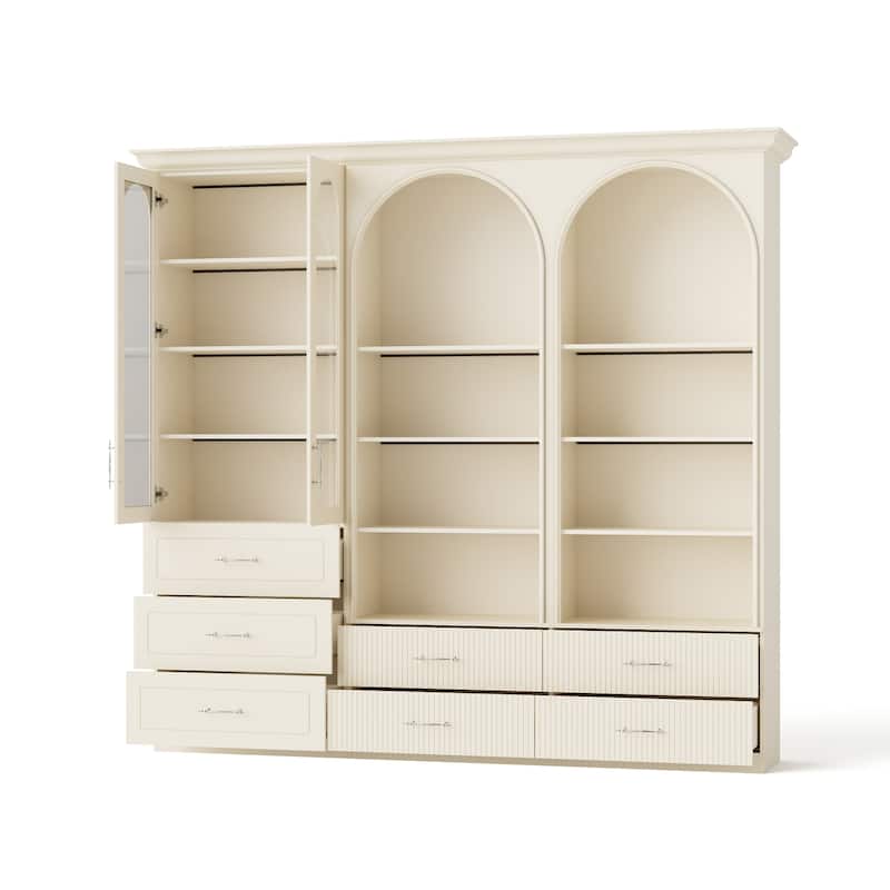 Modular Bookcase with LED Lights, Glass Door Storage Cabinet with Drawers, Large Display Shelving Unit Sideboard