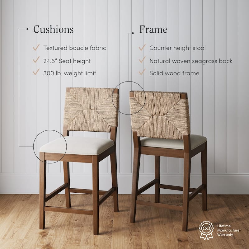 Beacon Bohemian Boucle Bar Stool, Upholstered Counter Height Chair with Solid Wood Frame and Woven Seagrass Back