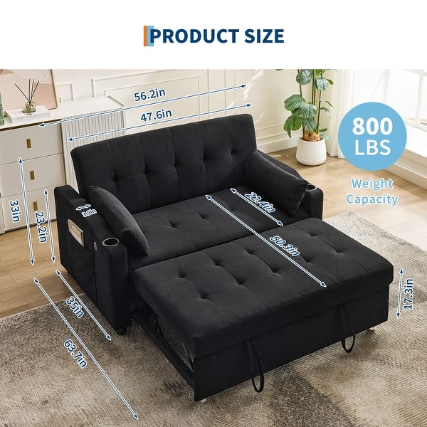 dimension image slide 0 of 3, 3-in-1 Convertible Sleeper Sofa Bed with Pull-Out Bed, Corduroy Futon, Charging Port & Side Pocket