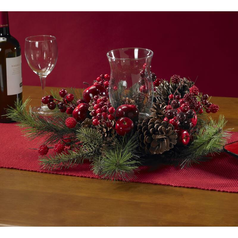 17.5" Red Berries Apples Pinecones Celabrum Glass Candleholder