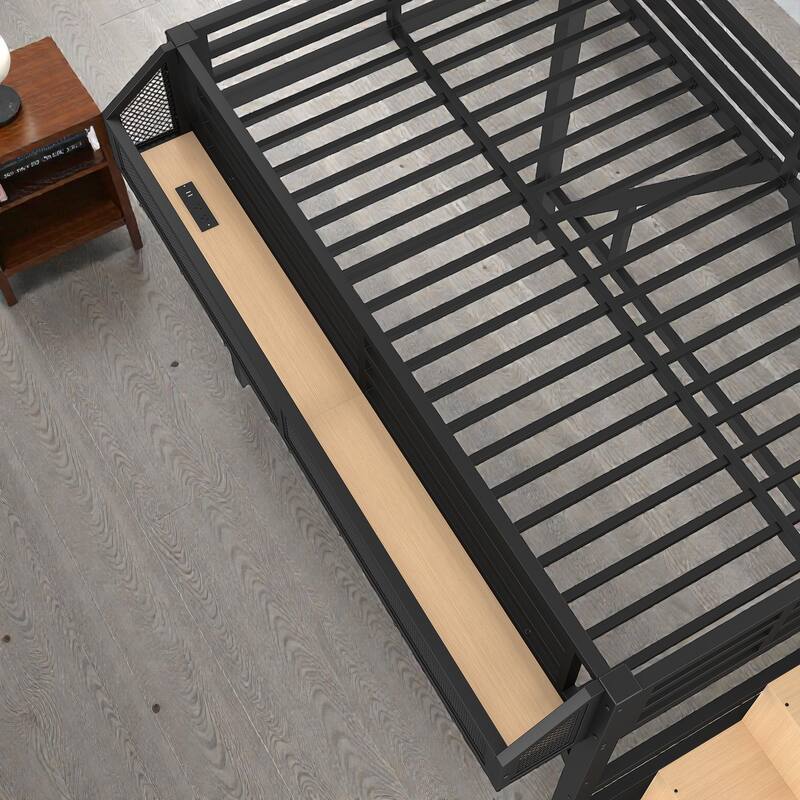 Metal Loft Bed with Storage Stairs, Wardrobe and Shelves, USB Ports and LED Lights, Noise Reduced Frame