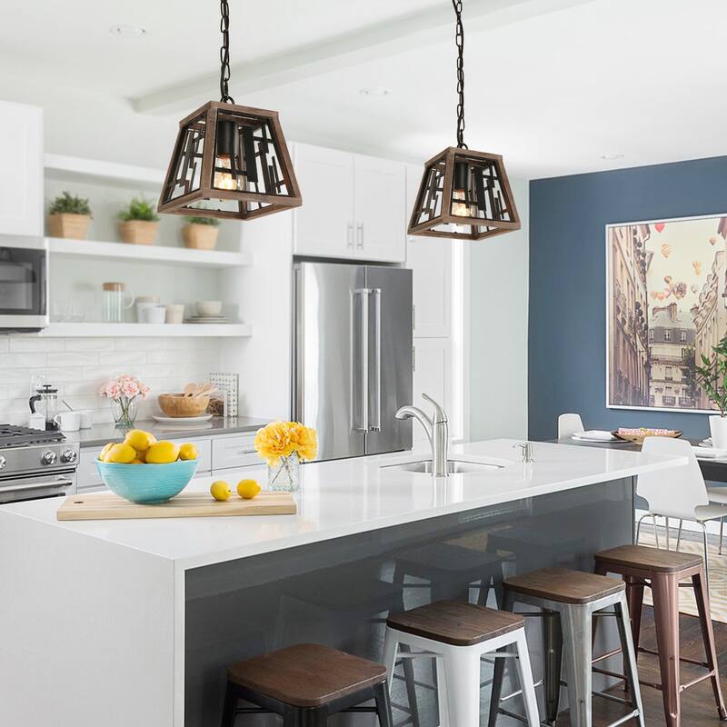 Anmytek Wood Pendant Lighting Unique Hanging Kitchen Island Chandelier for Dining Room Foyer Hallway
