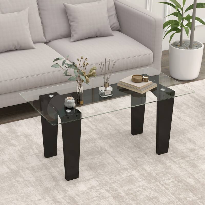 Gymax Rectangle Coffee Table Modern Tempered Glass Top Accent Table
