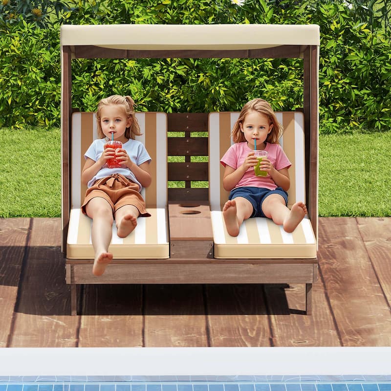 Costway Kids Double Chaise Lounge Patio Lounge Chair with Cup Holders