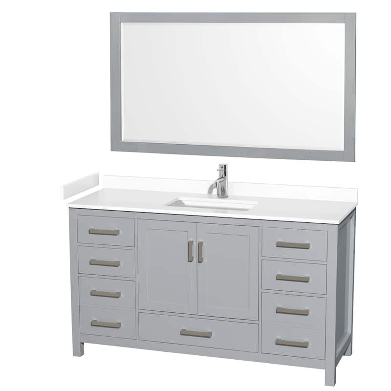 Sheffield Bathroom Vanity Set, Cultured Top, 58-Inch Mirror - 60-Inch Single - Gray, White Cultured Marble Top, Chrome Trim