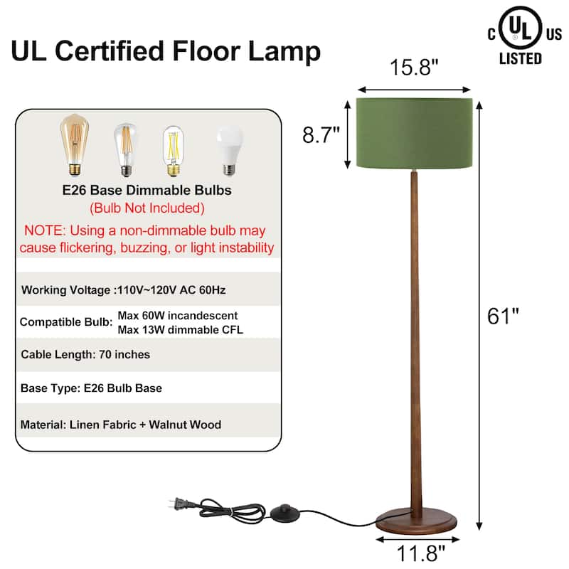 61" Walnut Wood Floor Lamp with Linen Drum Shade, Standing Lamp with Foot Step ON/OFF Switch (Bulb Not Included)