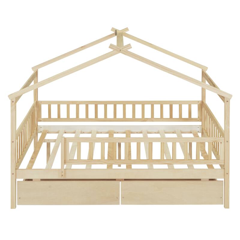 Full Size Wooden House Bed with Two Drawers and Solid Pine Frame