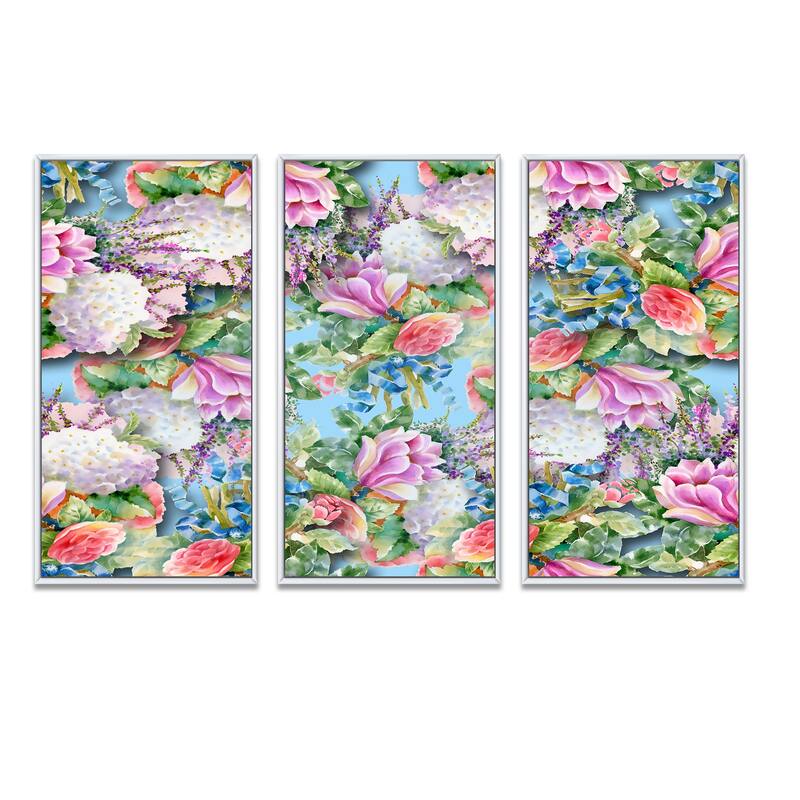 Designart "Pink Flower Pattern on Blue" Floral Framed Art Set of 3 4