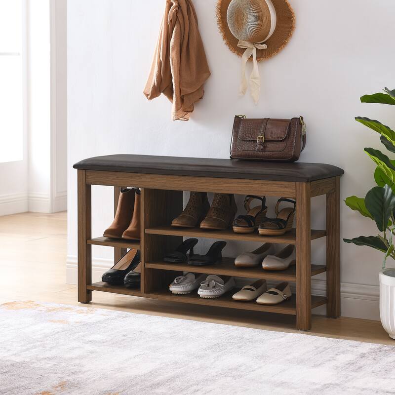 A height-adjustable long shoe-changing bench with seat,concealed storage space and large storage compartments,, natural wood