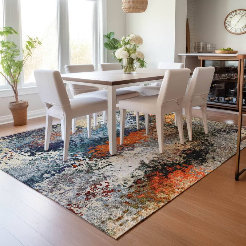 Machine Washable Indoor/ Outdoor Contemporary Abstract Chantille Rug