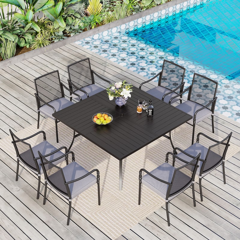 MAISON ARTS 9-Piece Patio Dining Set with Square/Rectangular Metal Table and 8 Gourd Head Shape Armrest Dining Chairs - Square Table+Mesh Chairs