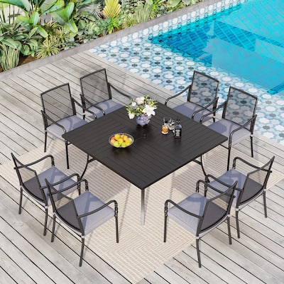 MAISON ARTS 9-Piece Patio Dining Set with Square/Rectangular Metal Table and 8 Gourd Head Shape Armrest Dining Chairs