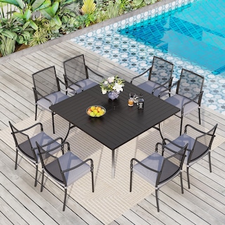 MAISON ARTS 9-Piece Patio Dining Set with Square/Rectangular Metal Table and 8 Gourd Head Shape Armrest Dining Chairs