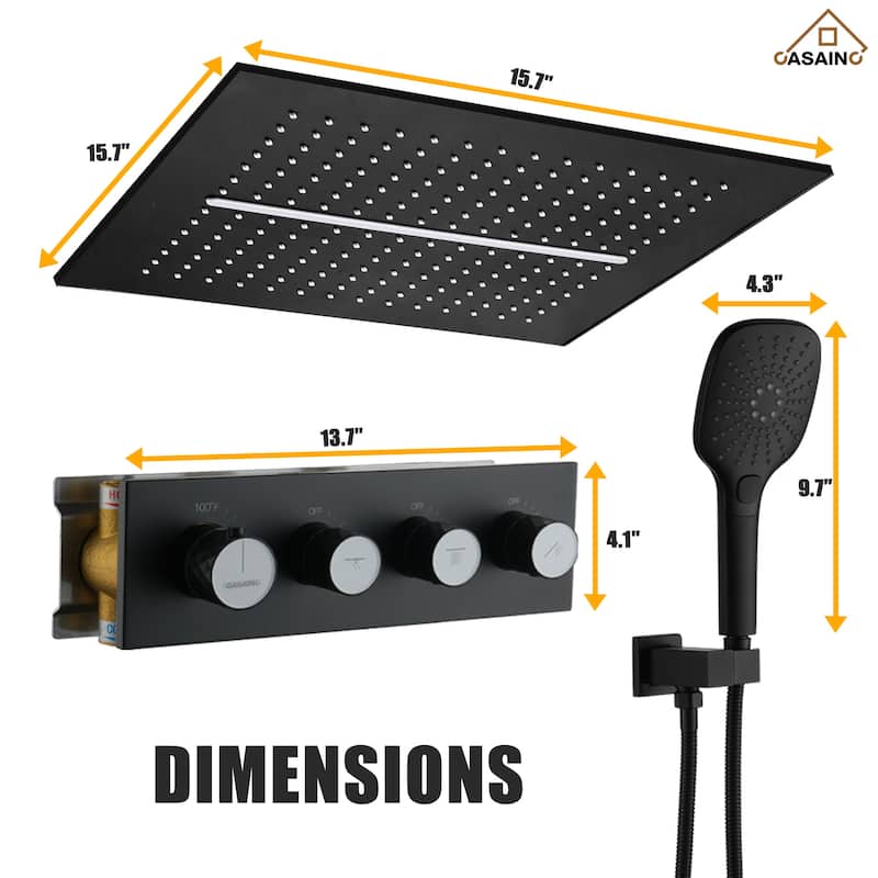 Luxury Thermostatic Shower System 5-Spray Patterns 16" Ceiling Mount Fixed and Handheld Shower Head - 15.7" x 15.7"
